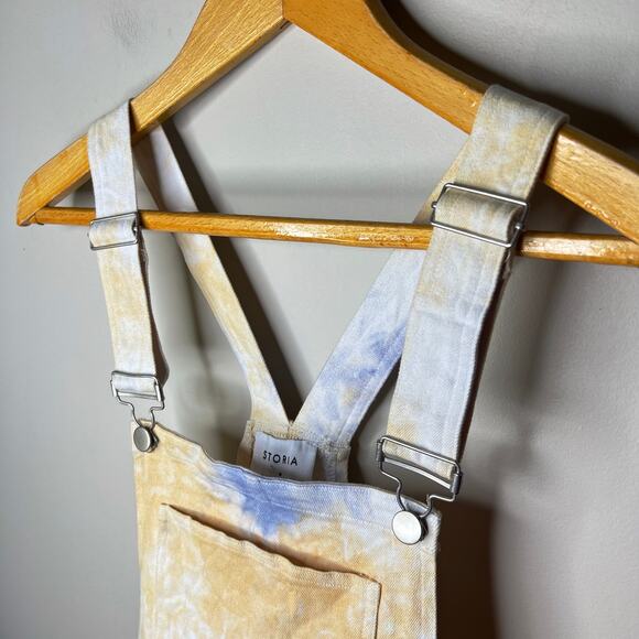 Storia NEW w/ Tags Tie Dye Yellow Blue White Overall Pinafore Mini Dress Medium - Picture 5 of 9